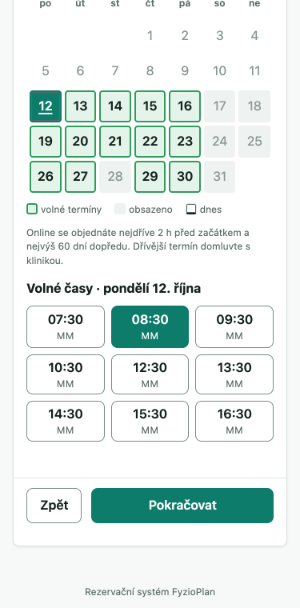 Online rezervace v mobilu: krok 2 ze 3, kalendář měsíce s volnými dny a volné časy jako tlačítka.