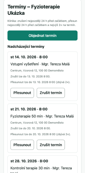 Pacientský účet v mobilu: pravidla praxe pro zrušení a přesun, tlačítko Objednat termín a nadcházející termíny s možností přesunu nebo zrušení.
